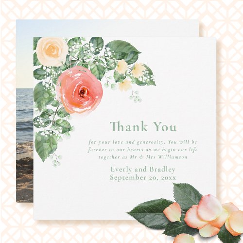 Photo Peach Floral Elegant Wedding Thank you Card 