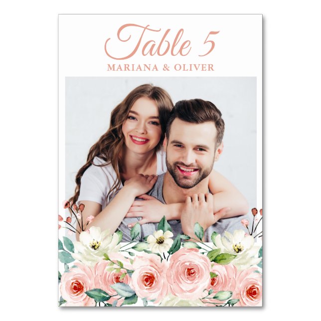 Photo Peach Floral Wedding Table Number (Front)