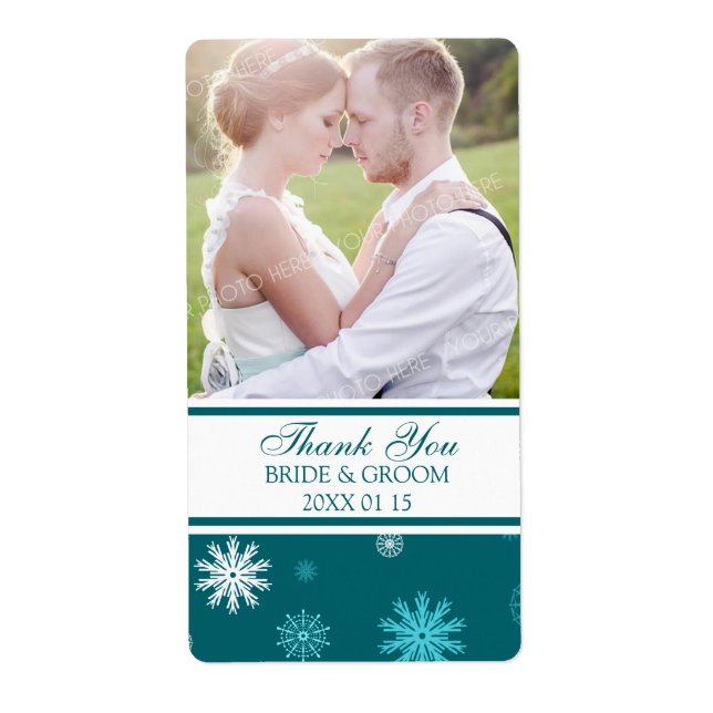 Photo Peacock Blue Snowflakes Winter Wedding Label (Front)