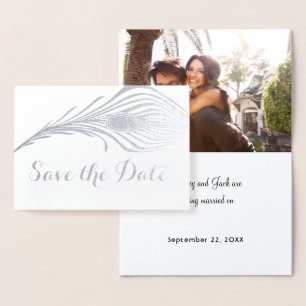 Photo Peacock Save the Date Typography Silver Foil Foil Card