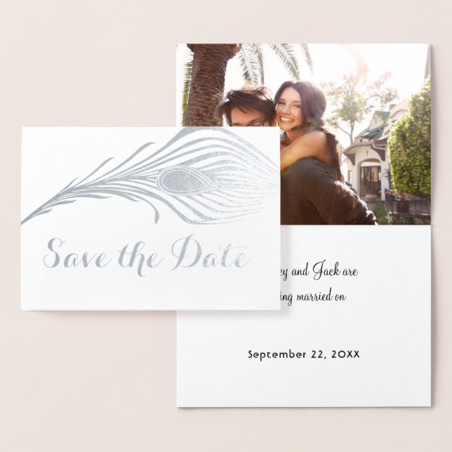 Photo Peacock Save the Date Typography Silver Foil Foil Card (Display)