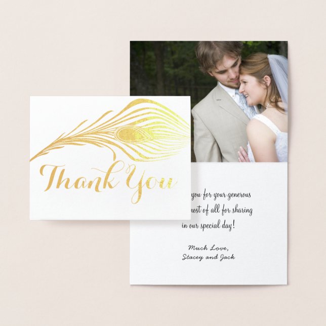 Photo Peacock Thank You Typography Silver Foil Foil Card (Display)