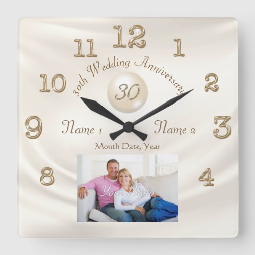 Photo Personalized 30th Anniversary Gift PEARL Square Wall Clock