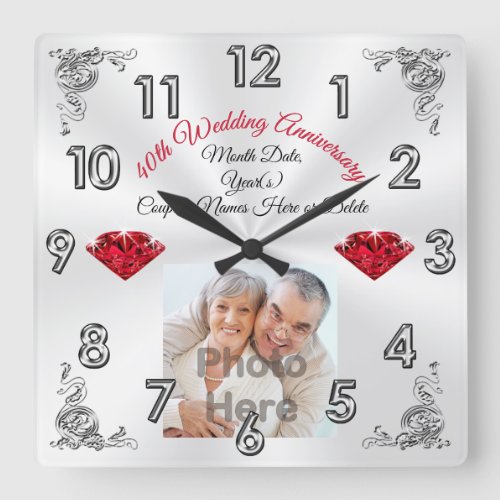 Photo Personalized 40 Years of Marriage Gift Ideas Square Wall Clock