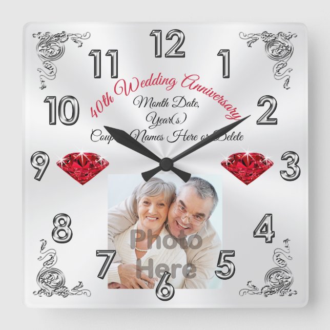 Photo Personalized 40 Years of Marriage Gift Ideas Square Wall Clock (Front)
