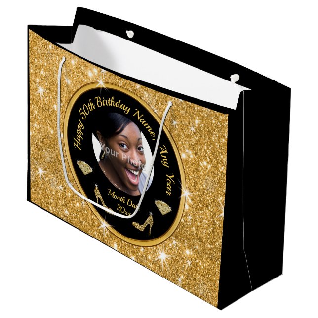 Photo Personalized, 50th Birthday Gift Bags, Her Large Gift Bag (Front Angled)