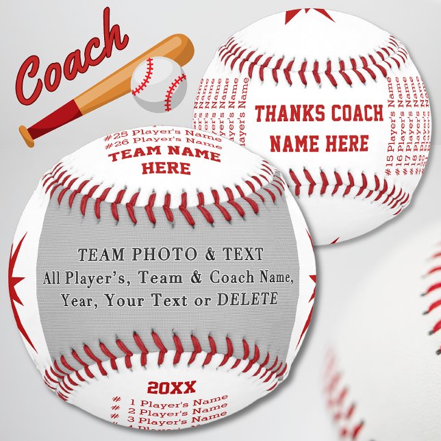 Photo Personalized Baseball Gifts for Coach, Ball (Best gifts for baseball coaches. Personalized baseball coach gifts. Red and White Baseball, Photo.)