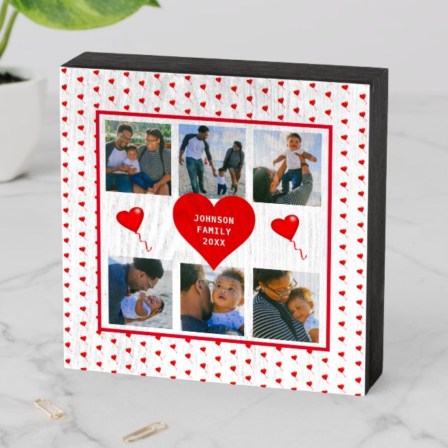 Photo Personalized Collage Family Red Valentine Wooden Box Sign (In Situ Horizontal)