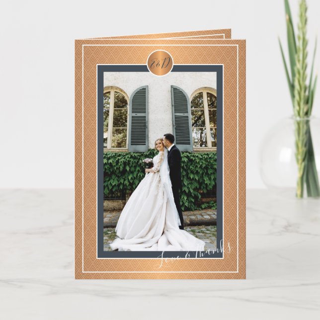 Photo personalized elegant navy gold wedding thank you card (Front)