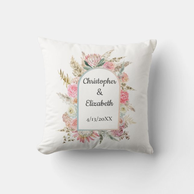Photo Personalized Floral Boho Wedding Gift  Throw Pillow (Front)