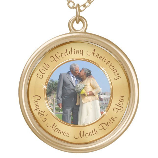 Photo Personalized Gold Anniversary Pendant, 50th Gold Plated Necklace (Front)
