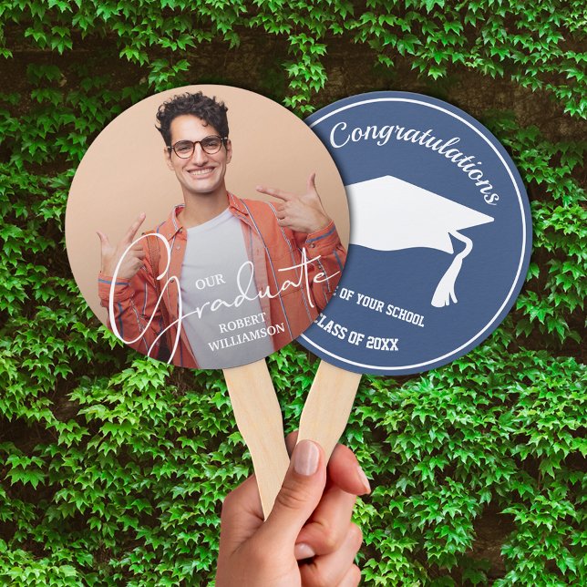 Photo Personalized Graduate Script Blue Hand Fan (Keep cool on graduation day or at your party with these photo double-sided hand fans.)