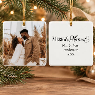 Photo Personalized Merry and Married Ceramic Ornament