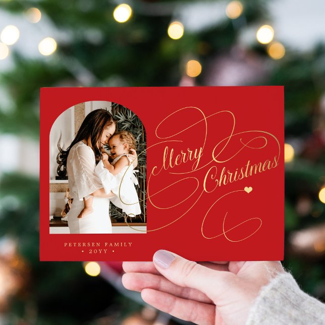 Photo personalized Merry Christmas elegant script Holiday Card (Creator Uploaded)