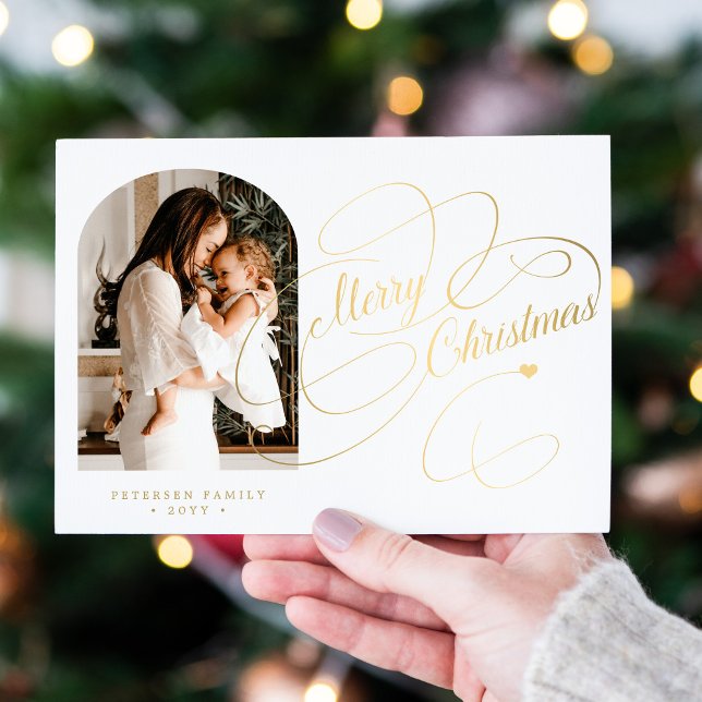 Photo personalized Merry Christmas elegant script Holiday Card (Creator Uploaded)