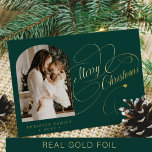 Photo personalized Merry Christmas script gold Foil Holiday Card<br><div class="desc">Elegant stylish Merry Christmas real gold classic calligraphy script family photo green holiday card with your custom personalized text on both sides. PLEASE NOTE that the background color is editable. You can change it after selecting CUSTOMIZE option down below the PERSONALIZE IT menu. If you don't feel at ease changing...</div>