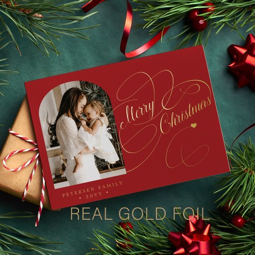 Photo personalized Merry Christmas script gold Foil Holiday Card