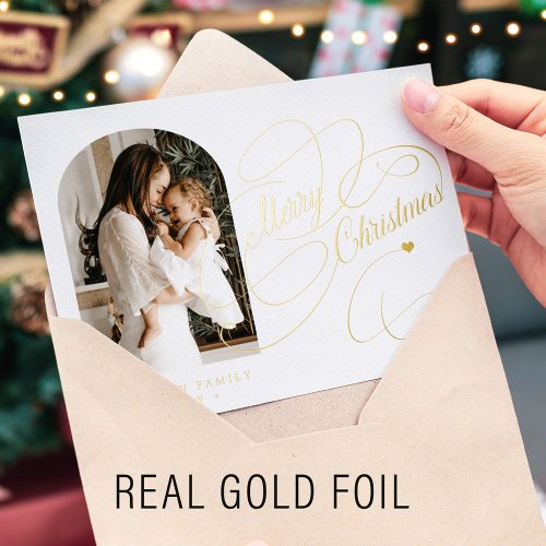 Photo personalized Merry Christmas script gold Foil Holiday Card