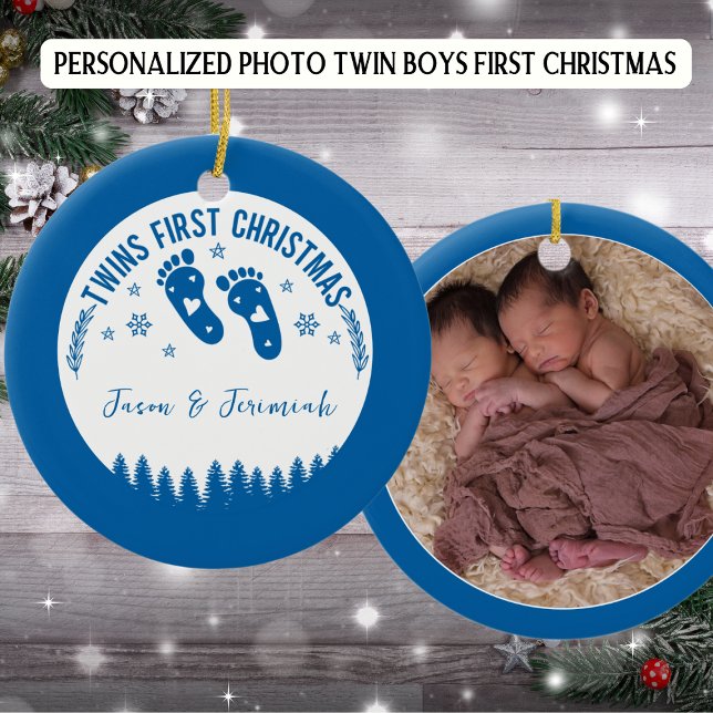Photo Personalized Twin Boys First Christmas Ceramic Ornament (Creator Uploaded)