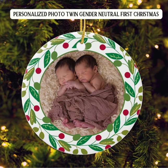 Photo Personalized Twin Boys First Christmas Ceramic Ornament (Creator Uploaded)