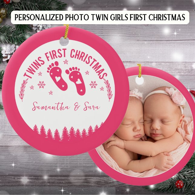 Photo Personalized Twin Girls First Christmas Ceramic Ornament (Creator Uploaded)