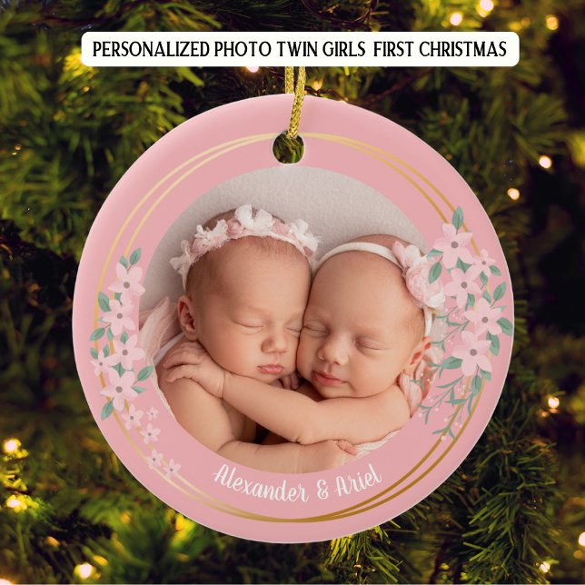 Photo Personalized Twin Girls First Christmas Ceramic Ornament (Creator Uploaded)