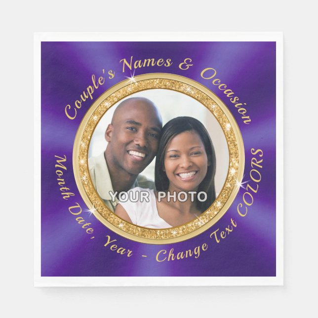 Photo Personalized Wedding Napkins, Purple, Gold Napkins (Front)