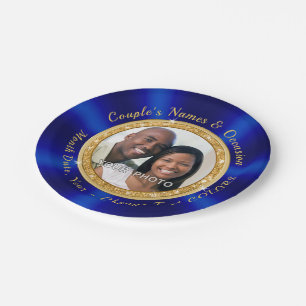 Photo Personalized Wedding Paper Plates, Blue Gold Plates
