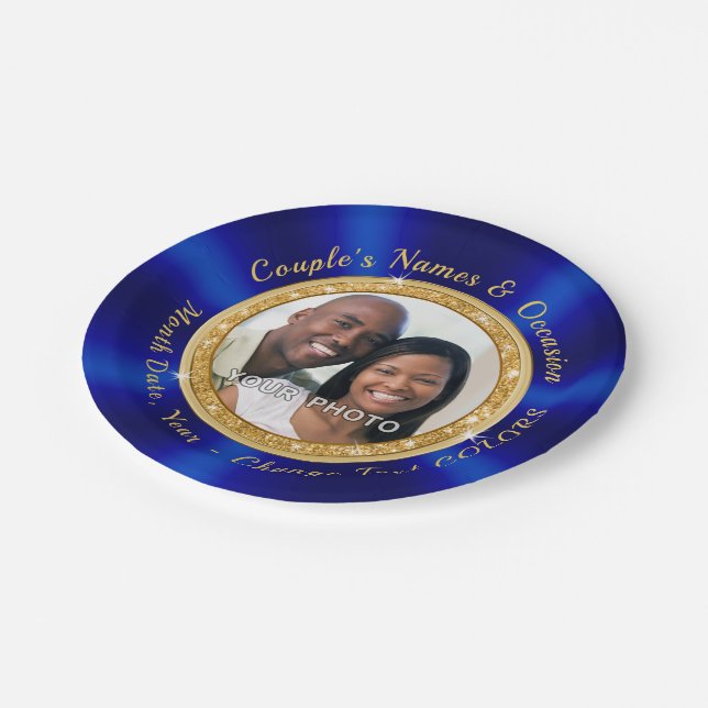 Photo Personalized Wedding Paper Plates, Blue Gold Plates (Angled)