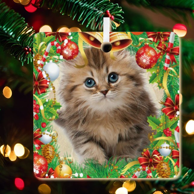 Photo Pet Christmas Cat Kitten Name Metal Ornament (Creator Uploaded)
