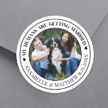 Photo Pet Wedding Save The Date Classic Round Sticker<br><div class="desc">My Humans Are Getting Married Custom Wedding Stickers with Photo Design. These adorable stickers feature "My Humans Are Getting Married" at the top in an elegant handwritten script font, accented by a small heart on each side for a sweet and playful touch. At the bottom, the bride and groom's names...</div>