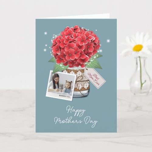 Photo Pewter Blue Red Floral Happy Mothers Day Card