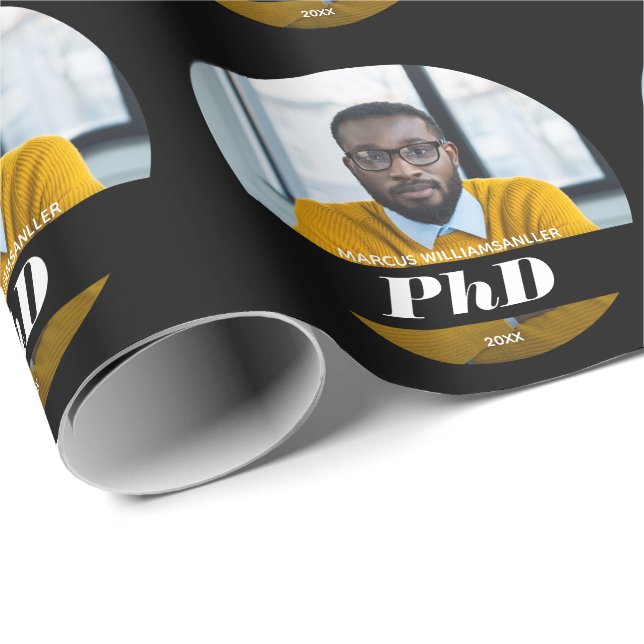 Photo PhD Degree Name Black Graduation Wrapping Paper (Roll Corner)