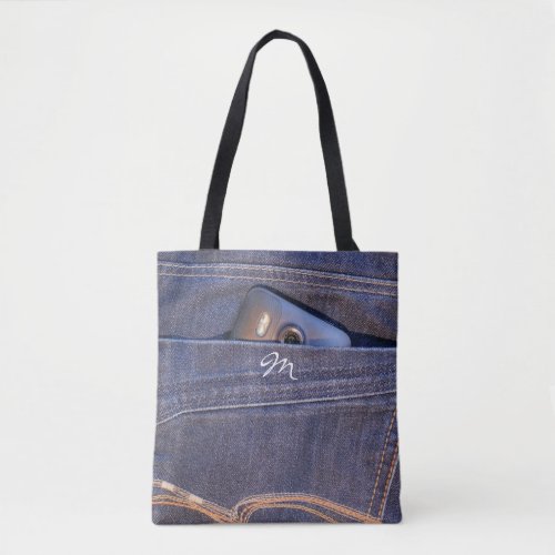 Photo Phone in blue demin jeans monogram Tote Bag