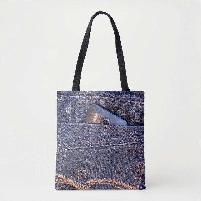 Photo Phone in blue demin jeans pocket monogram Tote Bag (Front)