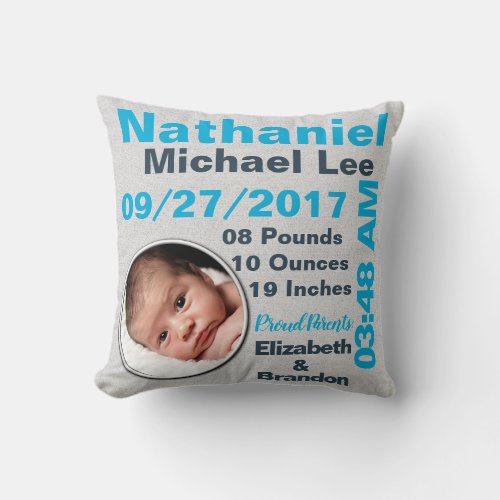 Photo Photograph Personalized Birth Stats Throw Pillow