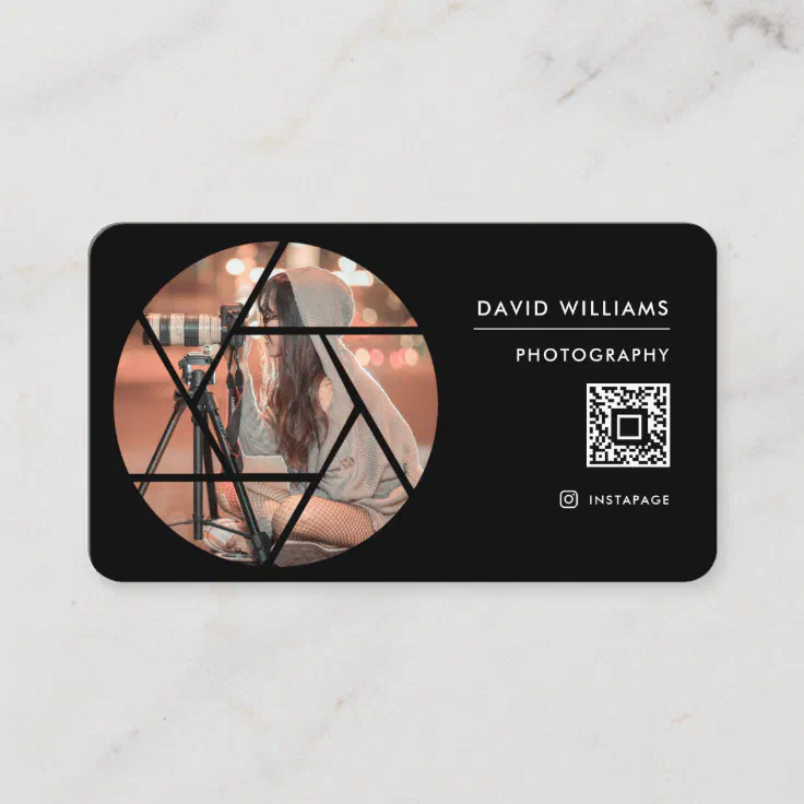 Photo Photographer QR Code Professional Black Business Card Zazzle