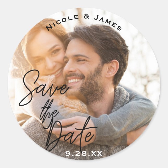 Photo Picture Black Modern Script SAVE THE DATE Classic Round Sticker (Front)