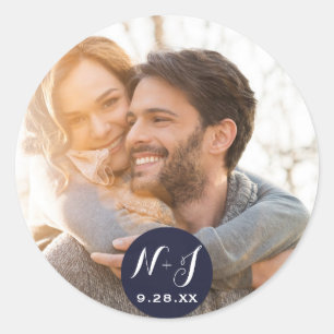 Photo Picture Navy Blue Modern Wedding Favor Classic Round Sticker