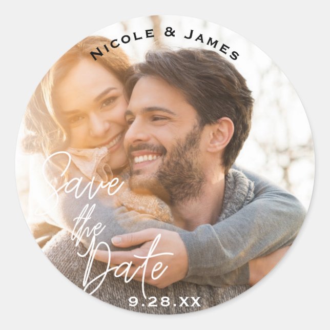Photo Picture White Modern Script SAVE THE DATE Classic Round Sticker (Front)