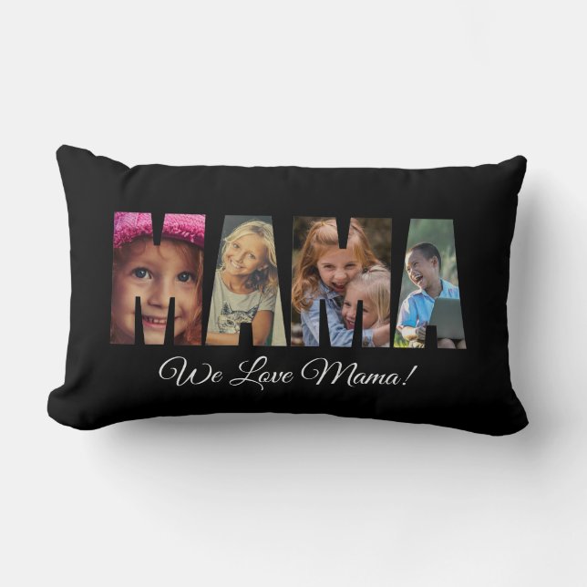 Photo Pillow MAMA Add Pictures Names Text on Black (Front)