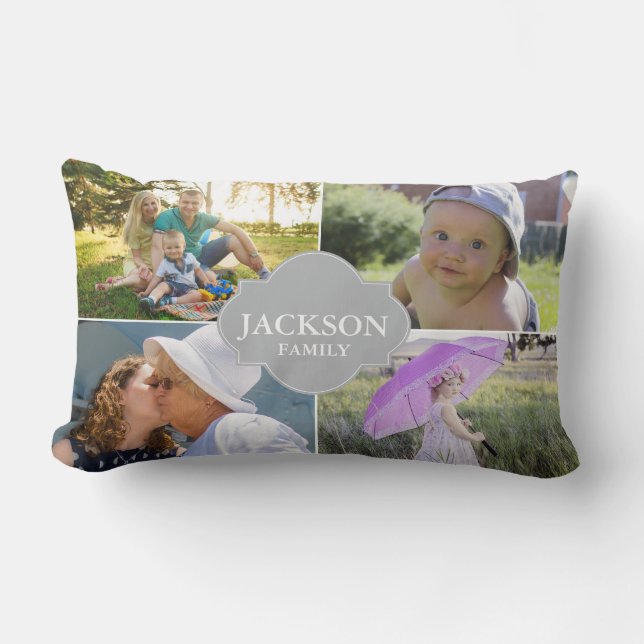 Photo Pillows, 4 collage photos with family name Lumbar Pillow (Front)