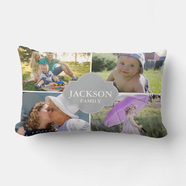 Photo Pillows, 4 collage photos with family name Lumbar Pillow (Front)