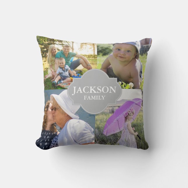 Photo Pillows, 4 collage photos with family name Throw Pillow (Front)