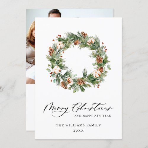 PHOTO Pine Cones Wreath Merry Christmas Greeting Holiday Card