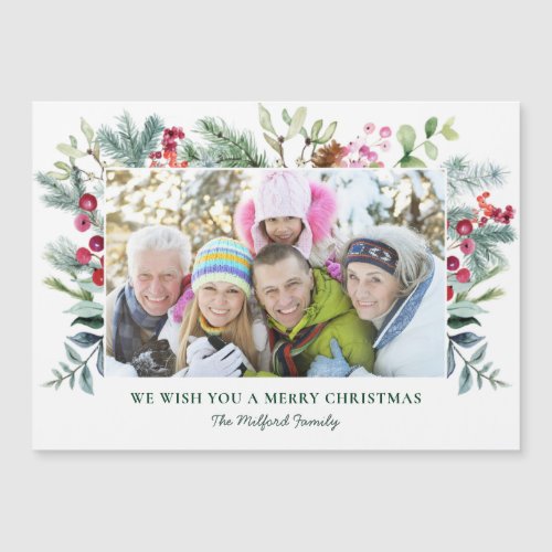 Photo Pine Holly Berry Christmas Magnetic Card