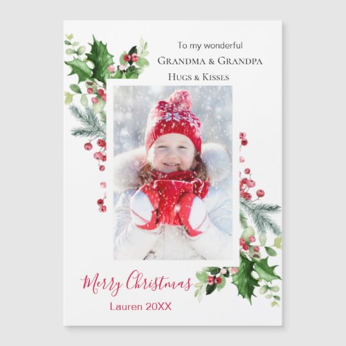Photo Pine Holly Christmas Grandma Magnetic Card