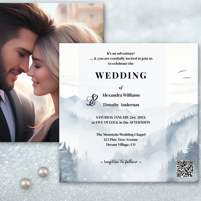 Photo Pine Trees Mountain Winter Wedding Invitation (Winter wedding invitation featuring a watercolor mountain landscape scene with pine trees)