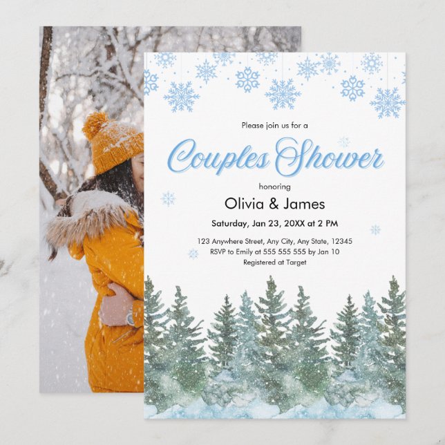 Photo Pine Winter Snowflakes Couples Bridal Shower Invitation (Front/Back)