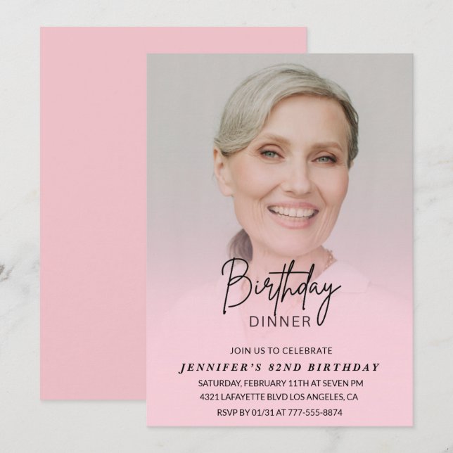 Photo Pink 82nd birthday invitations Dinner (Front/Back)